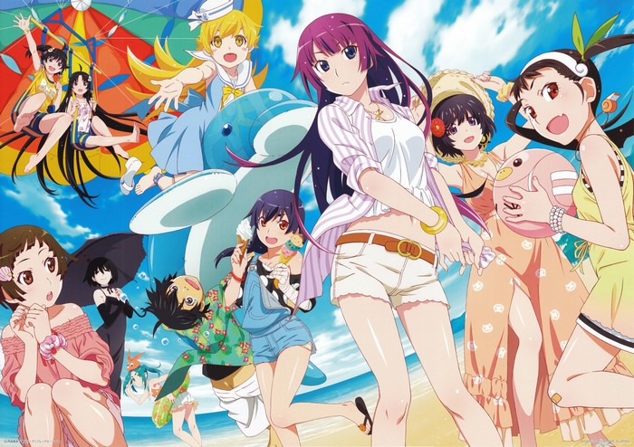 Monogatari Series characters at the beach