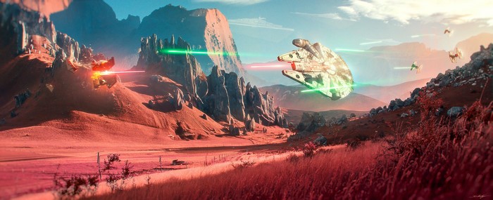 Millennium Falcon and TIE Fighters in Star Wars Landscape Artwork
