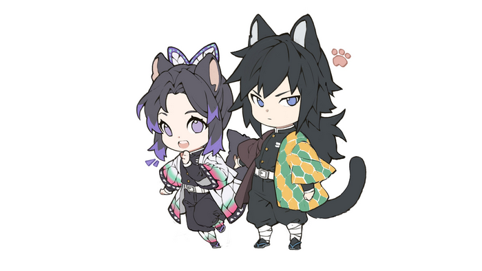 Chibi Shinobu and Giyu from Kimetsu no Yaiba as cats
