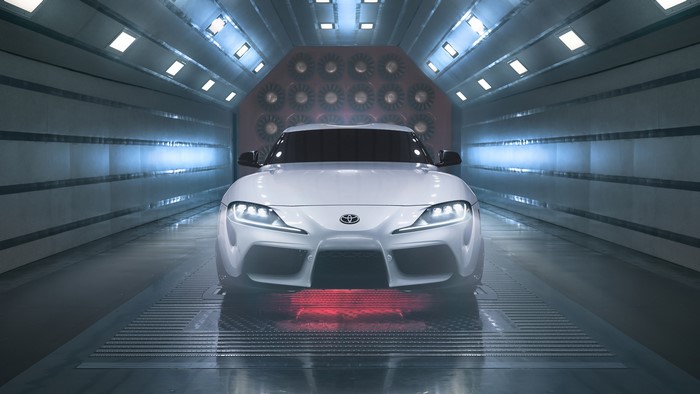 White Toyota Supra A90 in wind tunnel