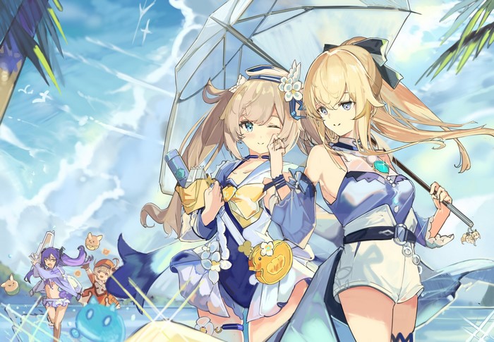 Jean and Barbara from Genshin Impact at the beach