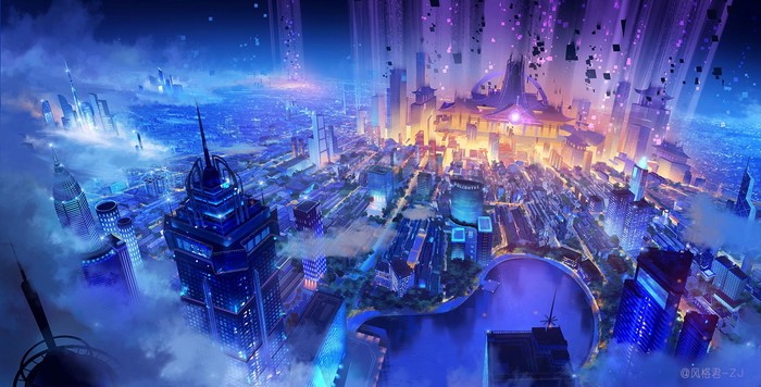 Fantasy city with Asian architecture and digital elements