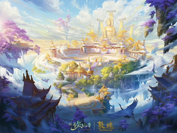 Fantasy Asian Architecture with Buddha and Cranes