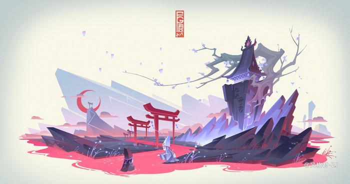 Digital art of a mystical landscape with Asian architecture