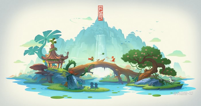 Fantasy landscape with Asian architecture and waterfall