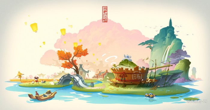 A tranquil riverside scene with a fisherman and a large wooden tub