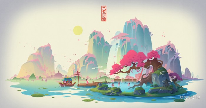 Digital art of a scenic landscape with mountains and a boat