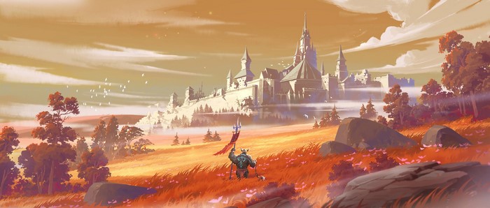 Fantasy castle with a warrior in a field