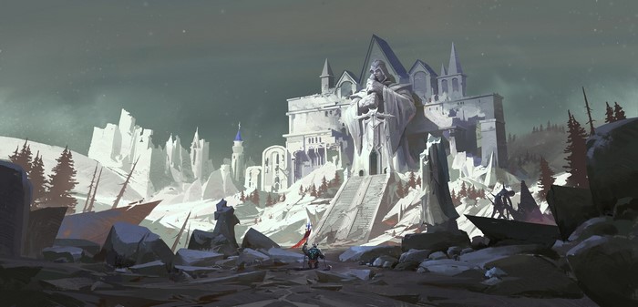 Ruined fantasy castle with a warrior in a snowy landscape
