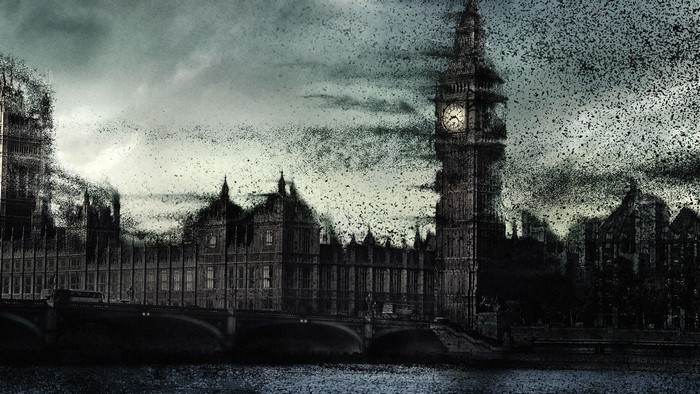 Big Ben and Houses of Parliament disintegrating into birds