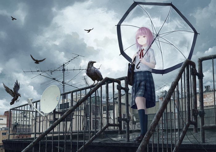 Anime girl with umbrella and birds on a rooftop