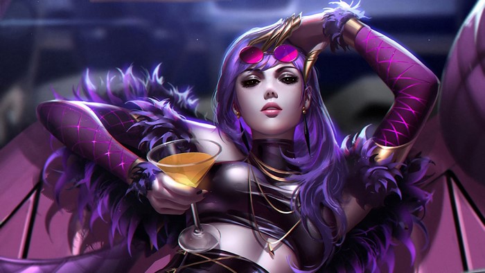 Evelynn from League of Legends holding a cocktail