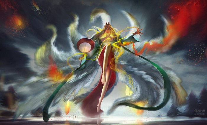 Fantasy girl with nine tails and a staff