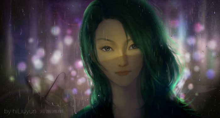 Woman with green hair in the rain at night