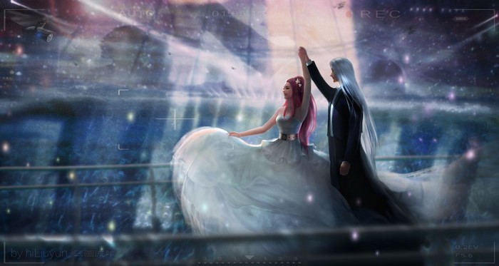 Couple dancing in a futuristic city with a starry sky