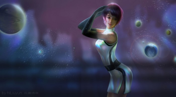 Woman in futuristic outfit in space with planets