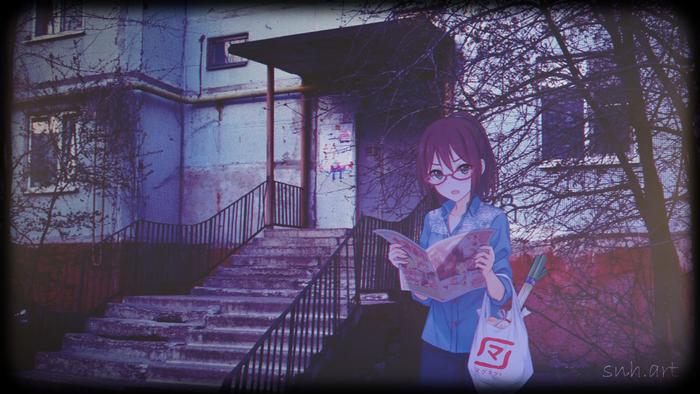 Anime girl with glasses reading a magazine outside an apartment building