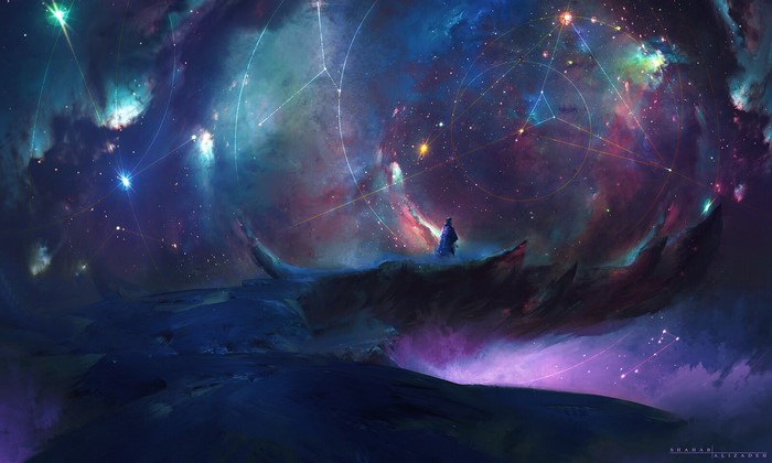 Figure observing constellations in a colorful nebula