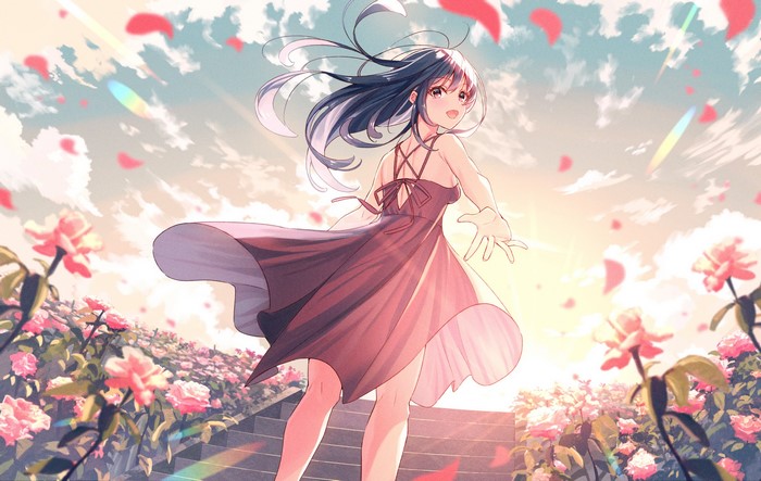 Anime girl in a dress in a rose garden