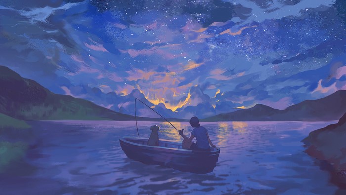 Boy and dog fishing in a boat under the stars