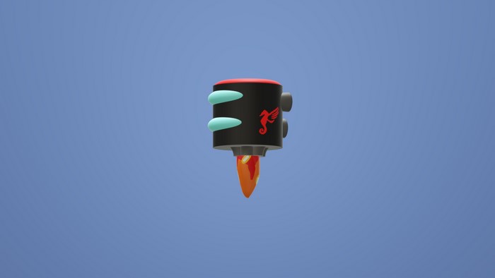 3D render of a toy rocket with seahorse logo