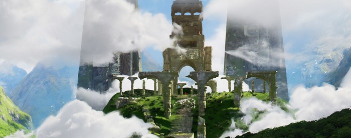 Fantasy ruins on a mountain peak with clouds