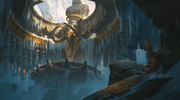 Ancient frozen temple with elephant statue by Gabriel Yeganyan