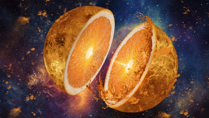 Orange cut in half in outer space