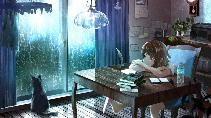 Room Wabema24 Cats Window Rain Original Characters Anime Girls