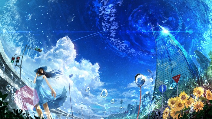 Anime girl in blue dress in a futuristic cityscape