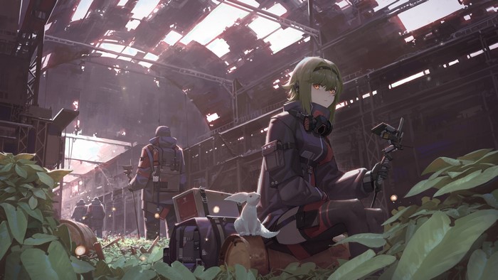 Anime girl with rabbit in ruined building