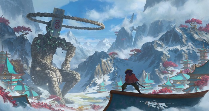 Samurai facing a giant stone creature in snowy mountains
