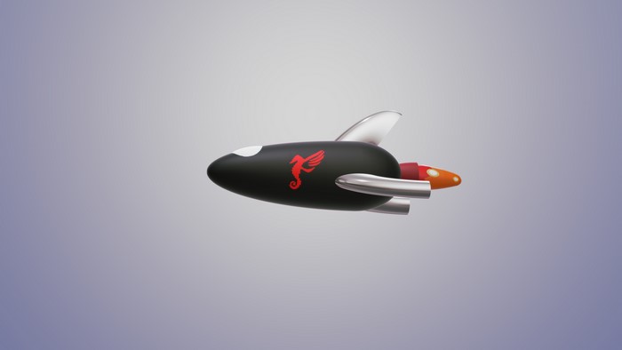 3D black rocket with red seahorse logo