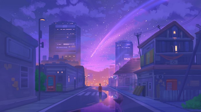 City street at night with shooting star