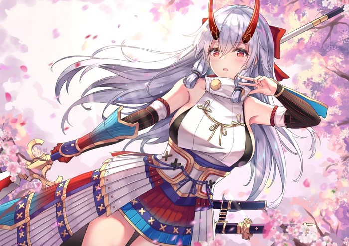 Tomoe Gozen from Fate/Grand Order with horns and sword