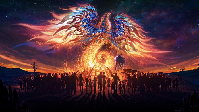 Phoenix rising from a bonfire with a crowd watching