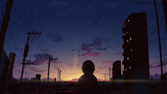 Anime girl with headphones watching sunset over city