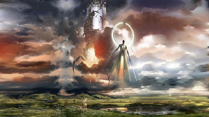 Figures in a field with a tower and angelic being
