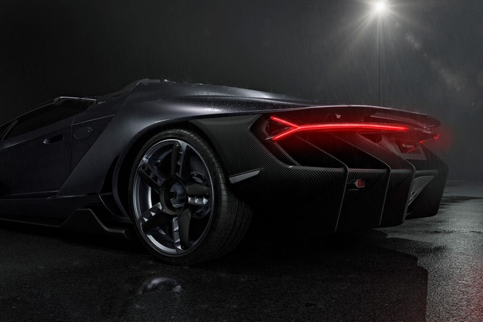 Lamborghini Centenario rear view in rain