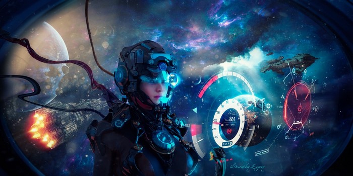 Woman in futuristic suit in space with holographic displays