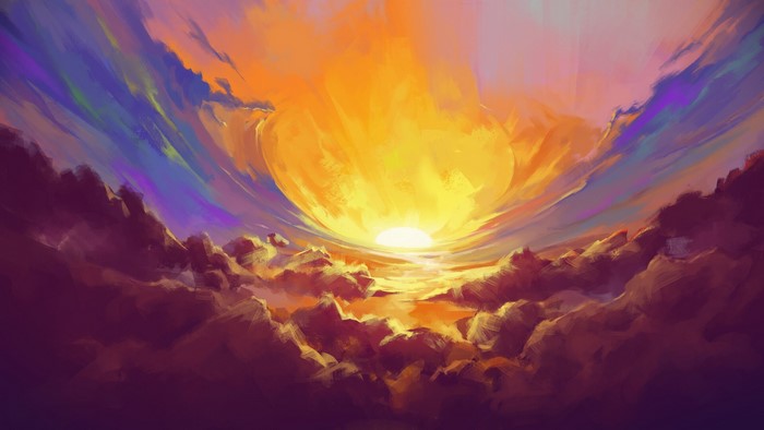 Digital painting of a dramatic sunset with colorful clouds