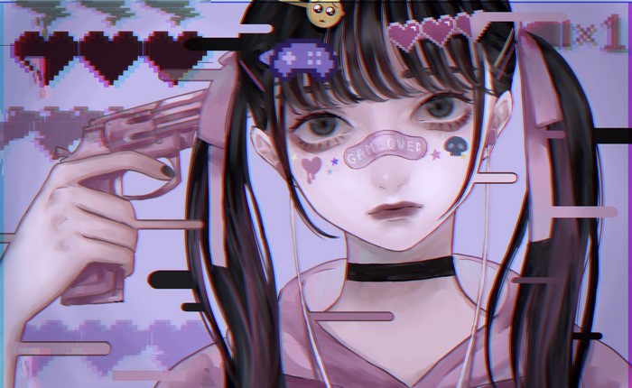 Anime girl with pistol and GAME OVER patch