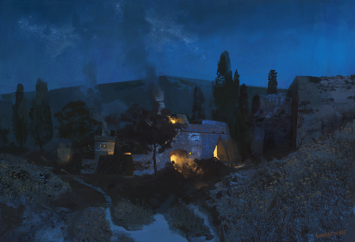 Digital art of a rustic village at night