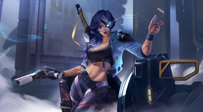 Samira from League of Legends with a gun and sword