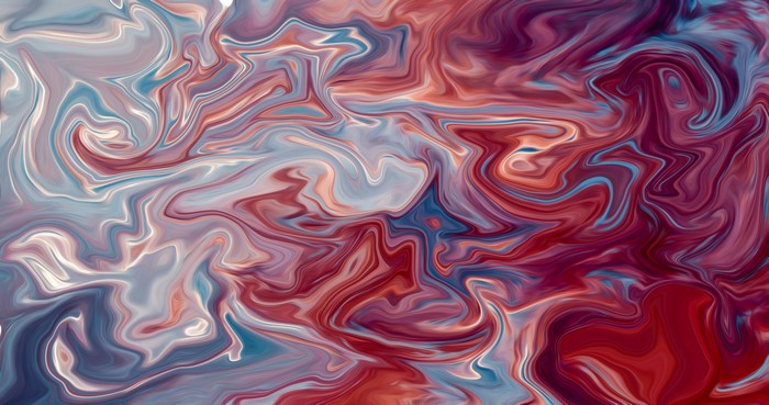 Abstract fluid artwork with red, blue, and white swirls