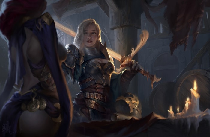 Two women in armor and fantasy attire with swords