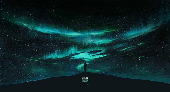 Artwork of a person standing under the aurora borealis
