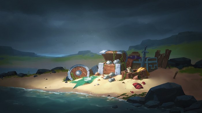 Northgard artwork of a treasure hoard on a beach