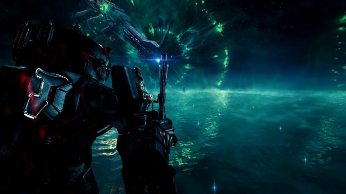 Warframe screenshot of a soldier aiming a rifle