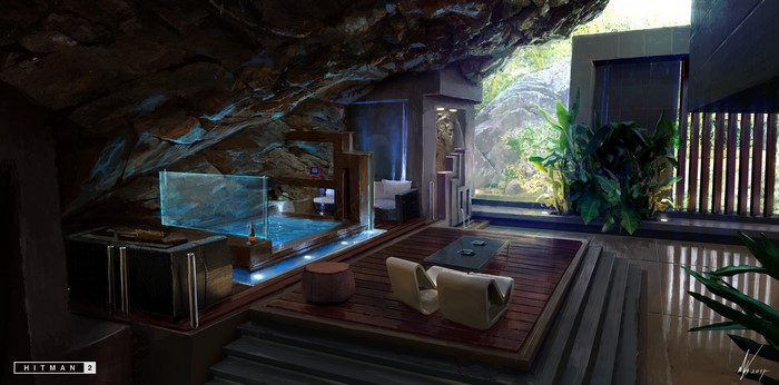 Interior of a modern cave home with a pool
